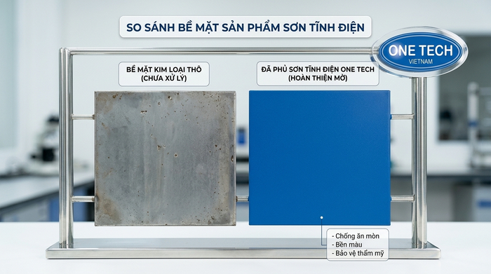 So sánh bề mặt kim loại trước và sau khi sơn tĩnh điện