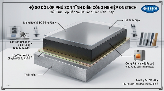 Mặt cắt mô phỏng cấu tạo lớp sơn tĩnh điện trên nền thép