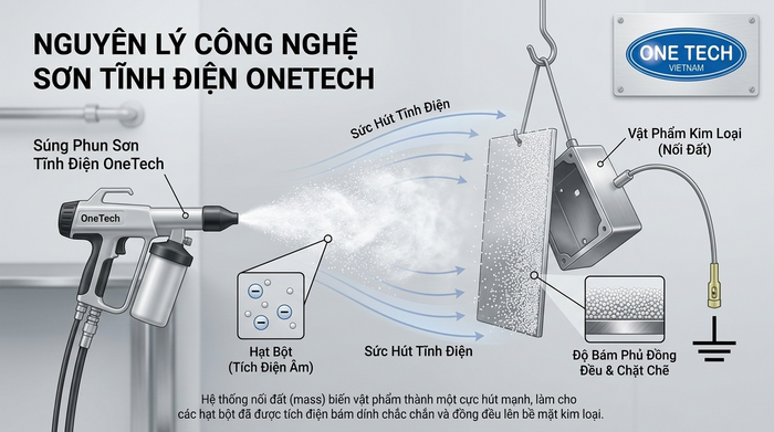 Minh họa nguyên lý hạt bột sơn mang điện tích bám lên bề mặt kim loại