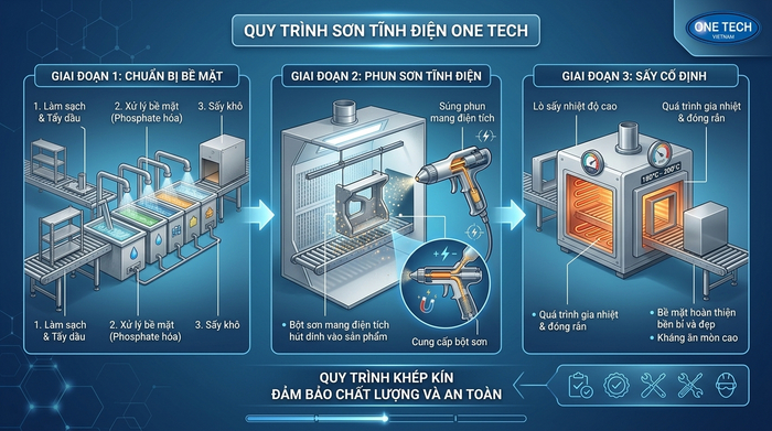 Sơ đồ quy trình sơn tĩnh điện từ xử lý bề mặt đến đóng rắn trong lò sấy