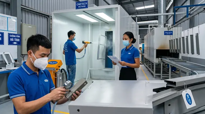 Quy trình sơn tĩnh điện chuẩn cho sản phẩm kim loại Quy trình sơn tĩnh điện từ xử lý bề mặt phun bột đến sấy đóng rắn tại Hà Tĩnh