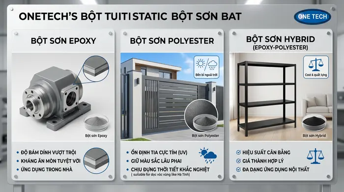 Cách chọn bột sơn tĩnh điện phù hợp tại Hà Tĩnh So sánh bột sơn Epoxy Polyester và Hybrid cho sản phẩm kim loại tại Hà Tĩnh