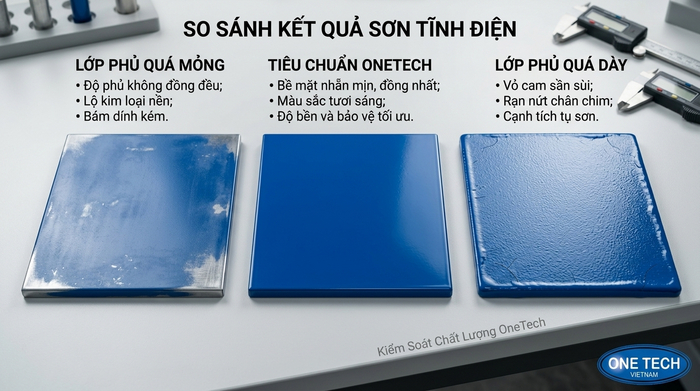 So sánh lớp sơn tĩnh điện quá mỏng, đạt chuẩn và quá dày