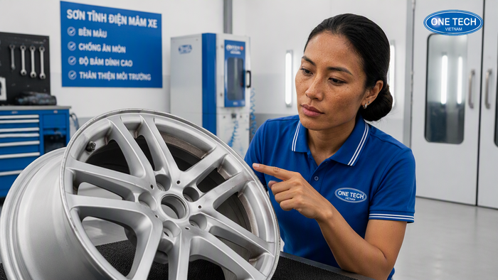 Kiểm tra mâm xe trước khi sơn tĩnh điện Kiểm tra bề mặt mâm xe trước khi sơn tĩnh điện